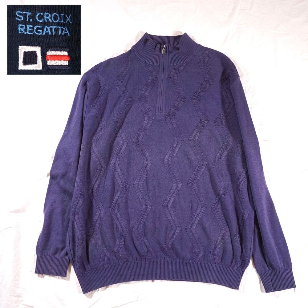 St Croix Regatta Quarter Zip Sweater Aran Fisherman Diamond Purple Large